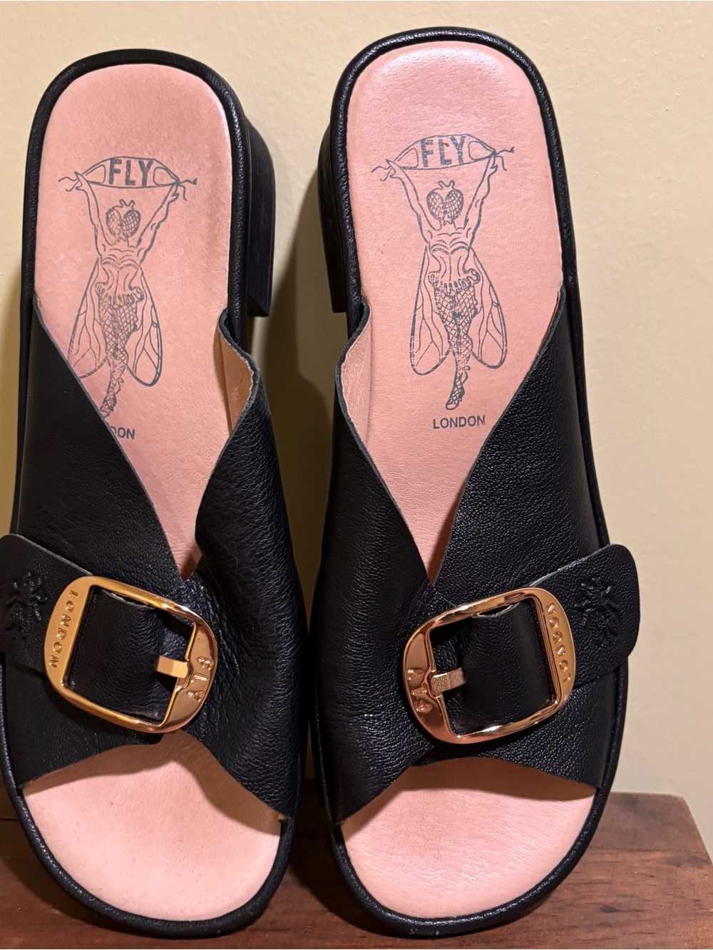 Fly London Elax Black Leather Sandal Mule Size 40